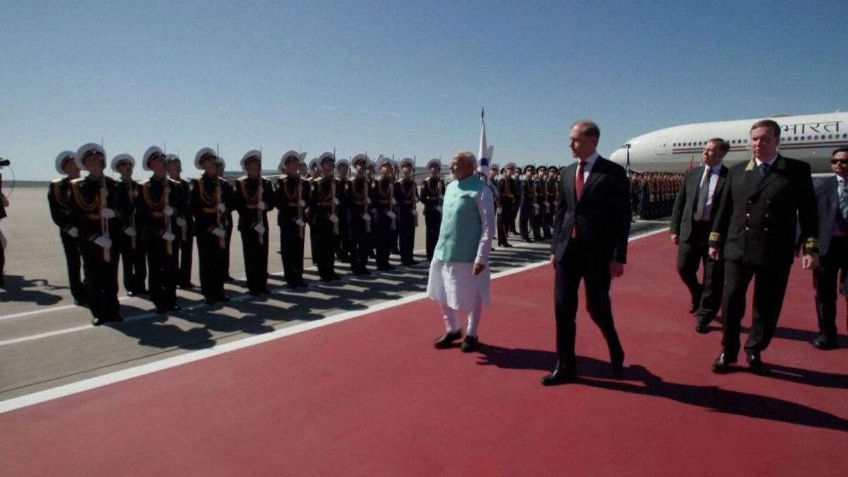 <i>ANI/Reuters via CNN Newsource</i><br/>Prime Minister Narendra Modi boards his plane ahead of a visits to Russia and Austria