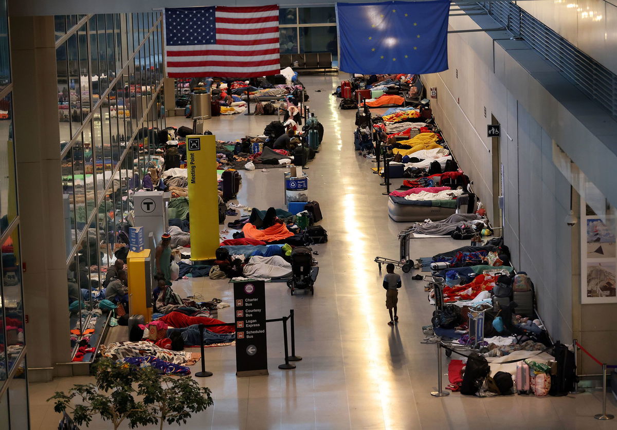 <i>Joseph Prezioso/AFP/Getty Images via CNN Newsource</i><br/>This file photo from January shows migrants families using Terminal E at Boston Logan International Airport as a shelter.