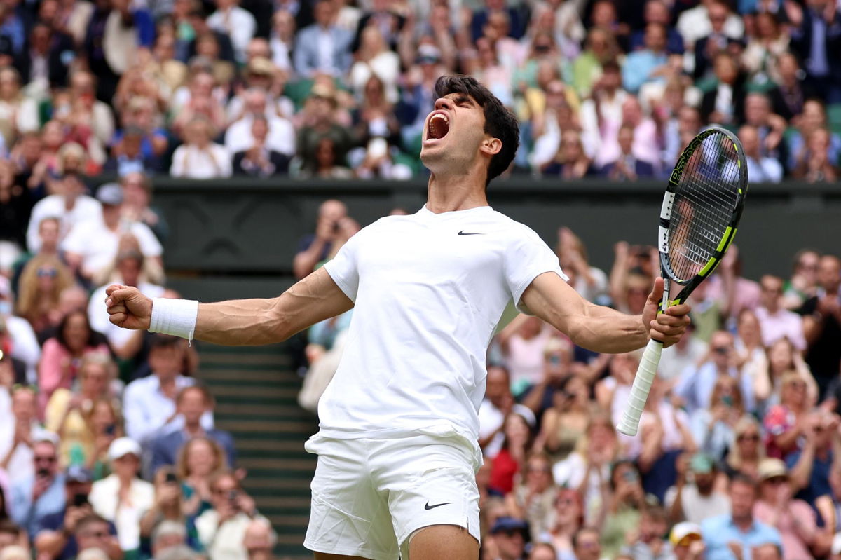 <i>Sean M. Haffey/Getty Images via CNN Newsource</i><br/>Carlos Alcaraz jokes with Wimbledon crowd that Sunday is ‘going to be a good day for Spanish people’ ahead of Euro 2024 final.