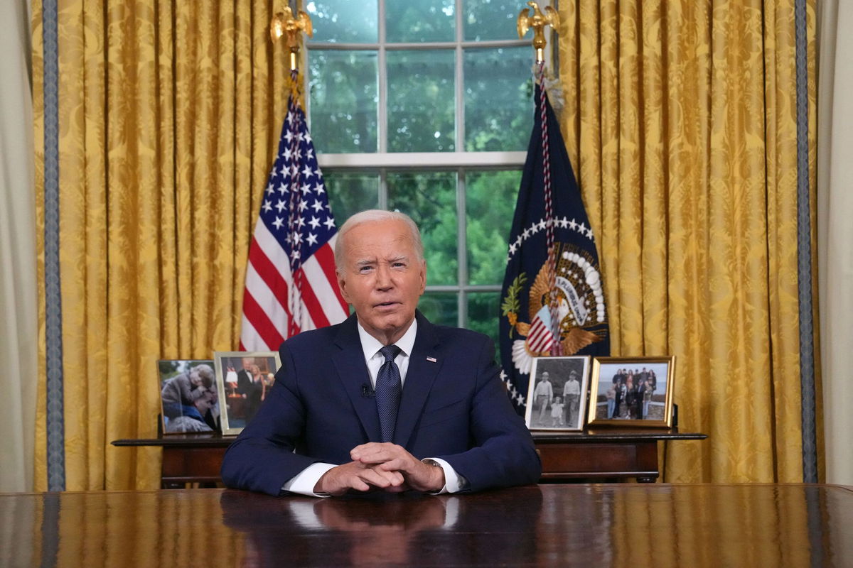 <i>Erin Schaff/Pool/Reuters via CNN Newsource</i><br/>U.S. President Joe Biden delivers an address to the nation from the Oval Office of the White House.