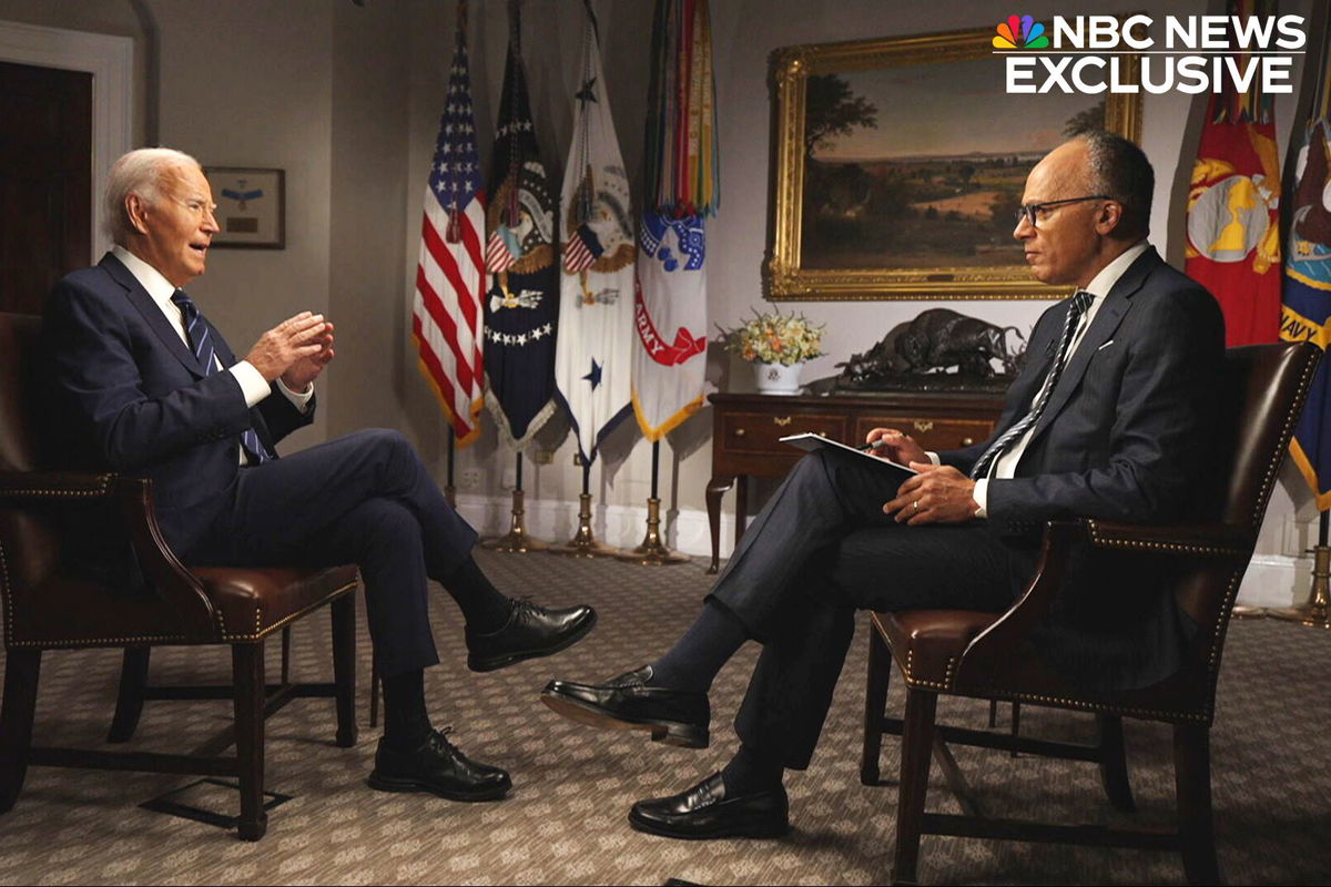 <i>NBC News via CNN Newsource</i><br/>President Joe Biden speaks in an interview with Lester Holt on Monday