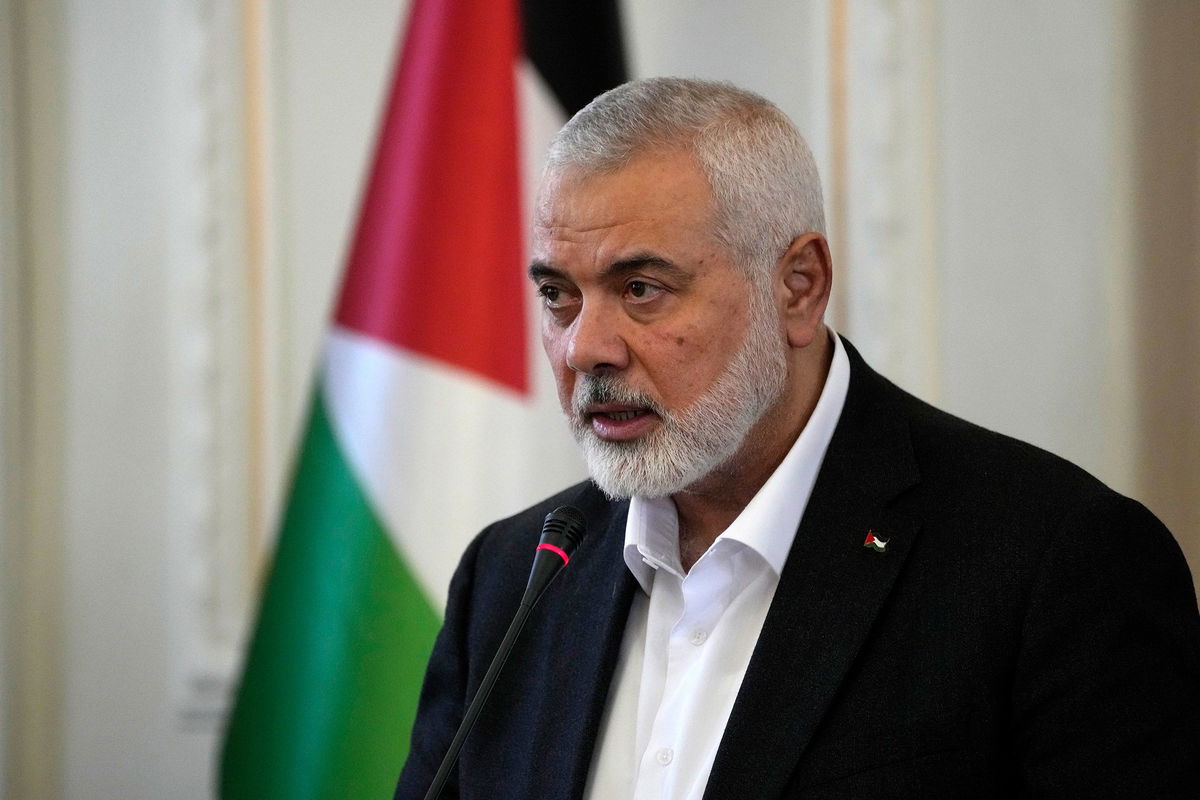 <i>Vahid Salemi/AP/File via CNN Newsource</i><br />Hamas chief Ismail Haniyeh speaks during a press briefing after his meeting with Iranian Foreign Minister Hossein Amirabdollahian in Tehran