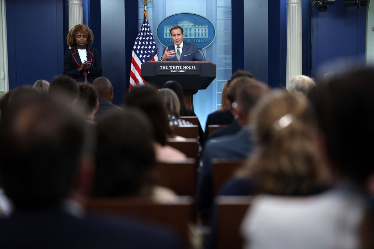 <i>Alex Wong/Getty Images via CNN Newsource</i><br/>National security communications adviser John Kirby speaks as White House briefing on July 31