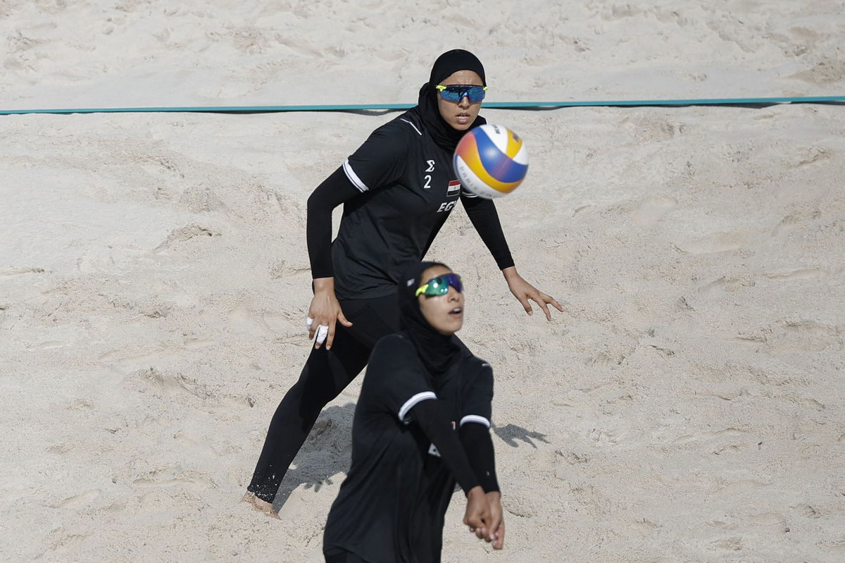 <i>Louisa Gouliamaki/Reuters via CNN Newsource</i><br/>The Egyptian women's beach volleyball team played against Spain at the Paris Olympics on Thursday.