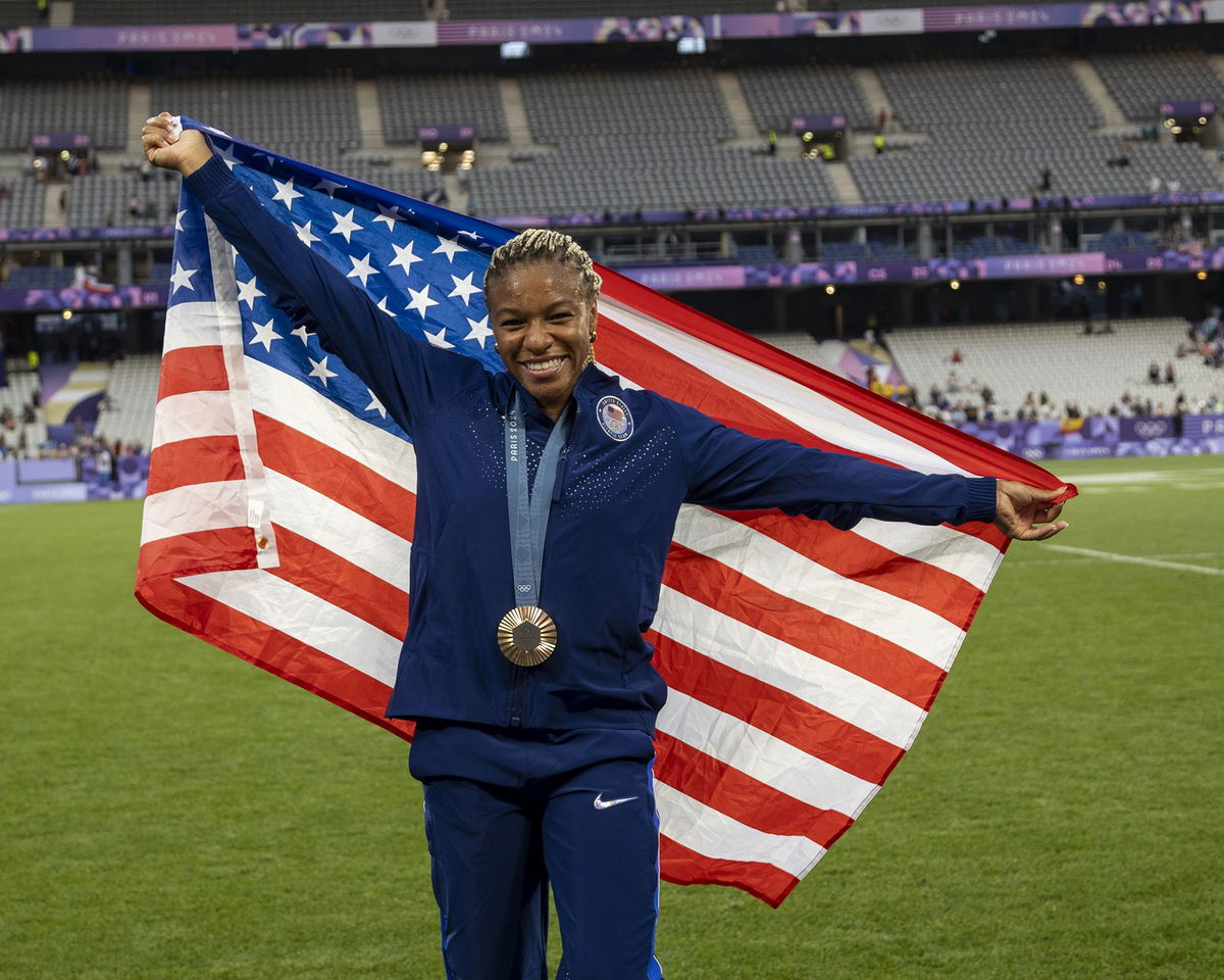 <i>Alex Ho/ISI Photos/Getty Images via CNN Newsource</i><br/>Ariana Ramsey celebrates after winning the rugby seven's bronze in Paris.