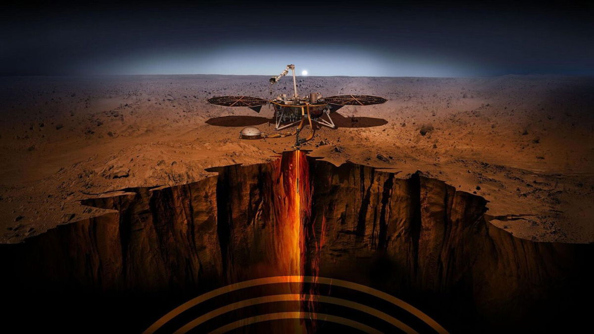 <i>NASA/JPL-Caltech/University of Maryland via CNN Newsource</i><br />An artist's concept shows a cutaway of Mars along with the paths of seismic waves from two separate quakes detected by InSight in 2021.