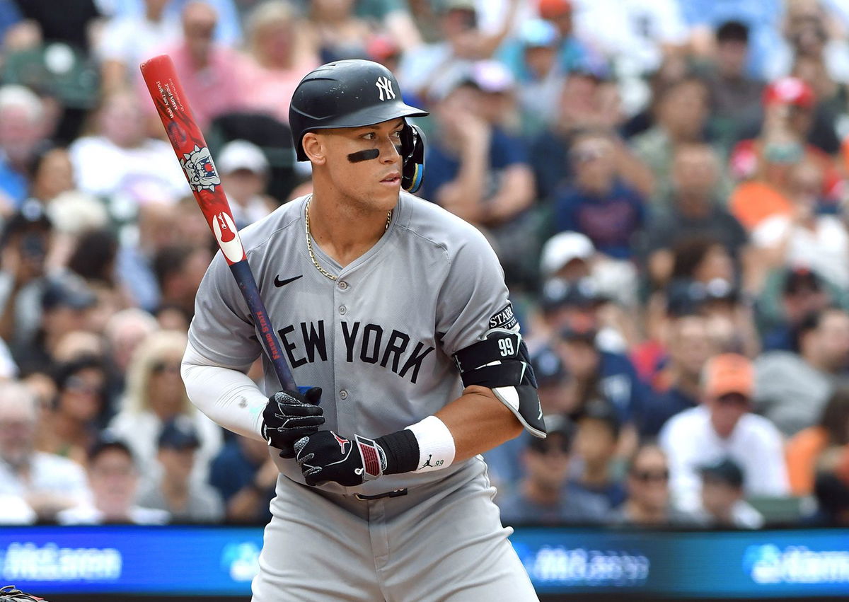 <i>Mark Cunningham/MLB/Getty Images via CNN Newsource</i><br/>Aaron Judge bats during the MLB Players' Weekend game against the Detroit Tigers on August 17.