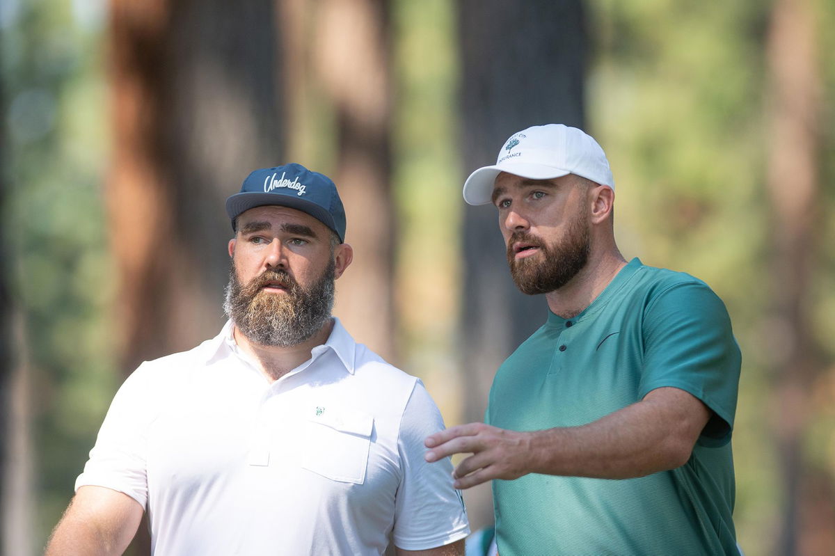 <i>David Calvert/Getty Images via CNN Newsource</i><br/>Travis Kelce and Jason Kelce during the ACC Celebrity Golf Championship presented by American Century Investments at Edgewood Tahoe Golf Course on July 12