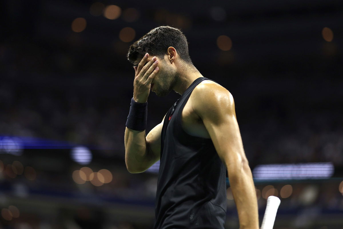 <i>Andrew Kelly/Reuters via CNN Newsource</i><br/>Botic van de Zandschulp of the Netherlands plays against Carlos Alcaraz of Spain during the US Open in Flushing