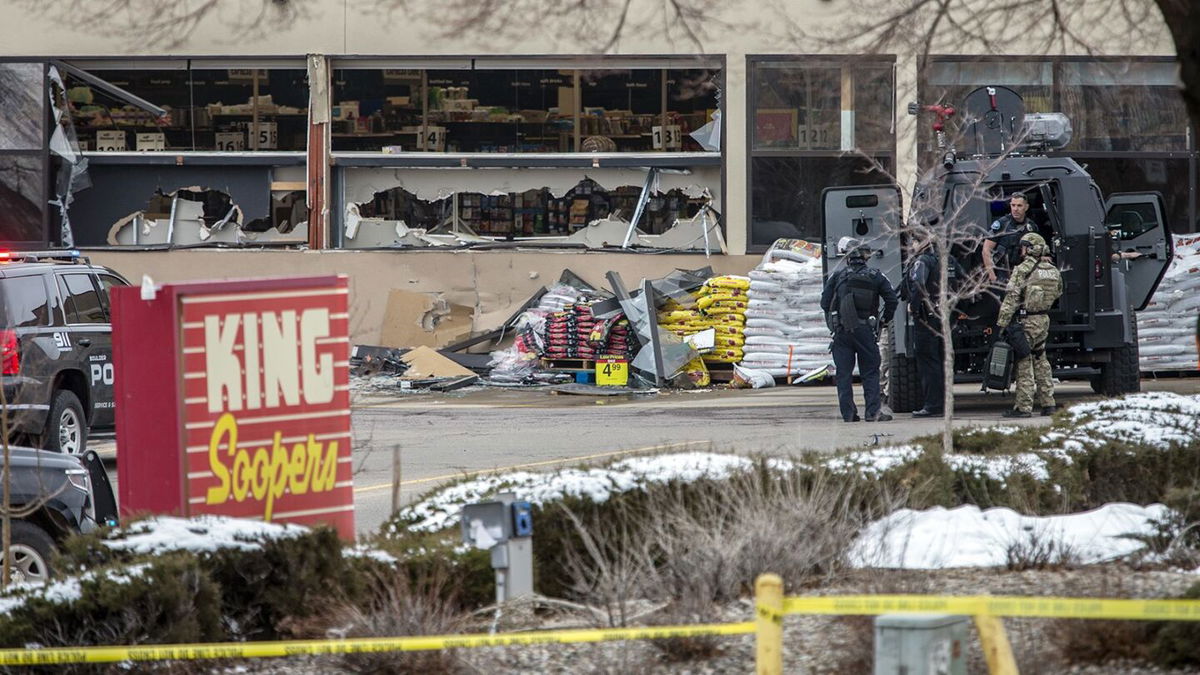 <i>Chet Strange/Getty Images via CNN Newsource</i><br/>Authorities respond to a King Soopers grocery store after a shooting in March 2021 in Boulder