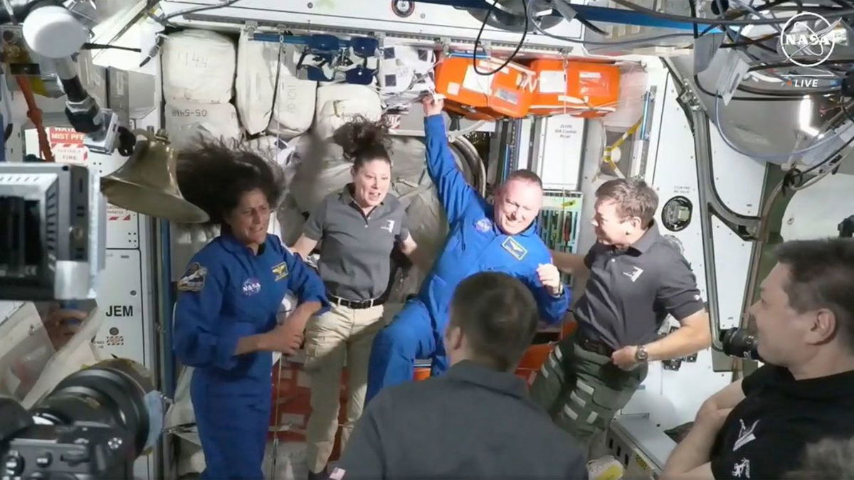 NASA astronauts Suni Williams and Butch Wilmore are greeted by the crew of the International Space Station on June 6.
