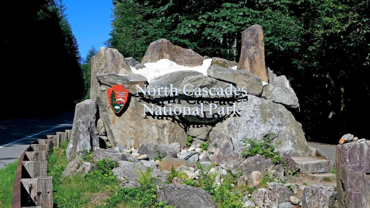 The west-side entry sign for North Cascades National Park on State Highway 20 in Washington is shown. Don & Melinda Crawford/Education Images/Universal Images Group/Getty Images/File