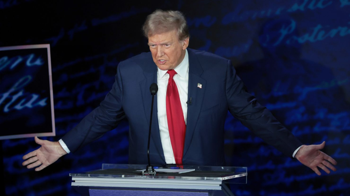 Former President Donald Trump speaks during a debate with Democratic presidential nominee, Vice President Kamala Harris, at The National Constitution Center in Philadelphia. Win McNamee/Getty Images