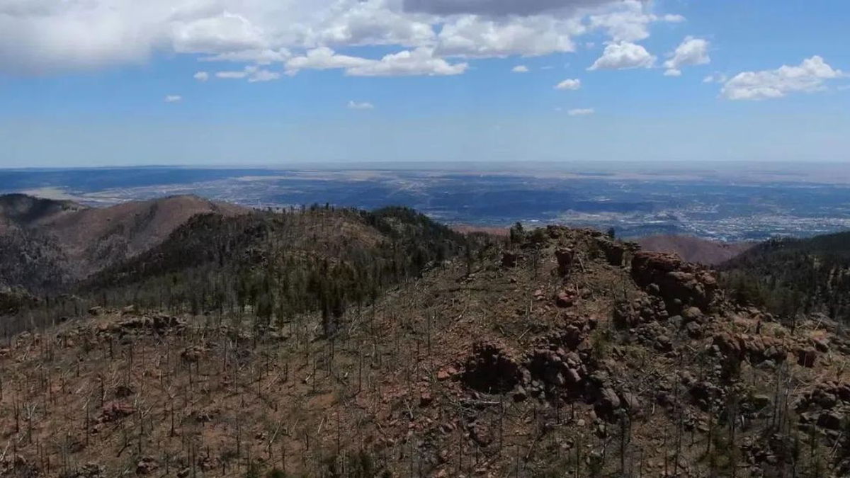 A drone shot of the Waldo Canyon Fire burn scar