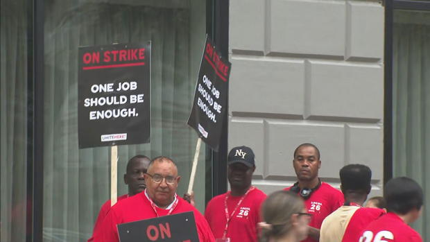 <i>WBZ via CNN Newsource</i><br/>Nearly 900 Boston hotel workers went on strike on the morning of September 1.