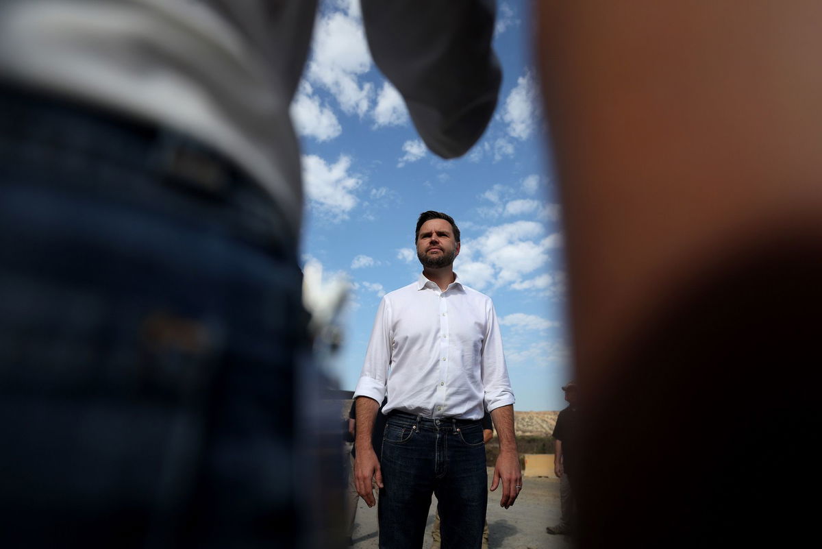 <i>Justin Sullivan/Getty Images via CNN Newsource</i><br/>Republican vice presidential nominee JD Vance speaks to reporters in front of the border wall with Mexico in San Diego on September 6.