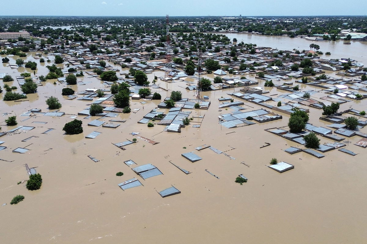 <i>Ahmed Kingimi/Reuters via CNN Newsource</i><br/>A flooded street in Maiduguri on Tuesday