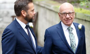 Rupert Murdoch with his son Lachlan Murdoch arrives at St Bride's Church for a service to celebrate his marriage to Jerry Hall on March 5