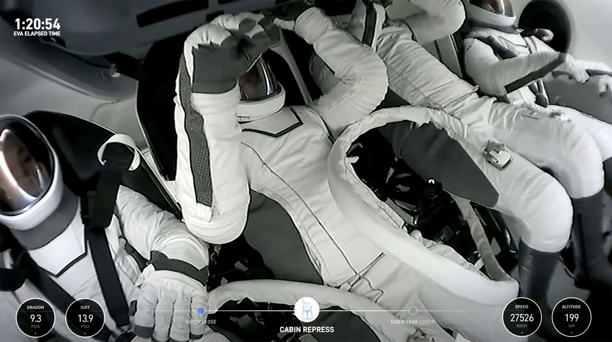 <i>SpaceX via CNN Newsource</i><br />Polaris Dawn crew members are seen within the SpaceX Crew Dragon capsule.