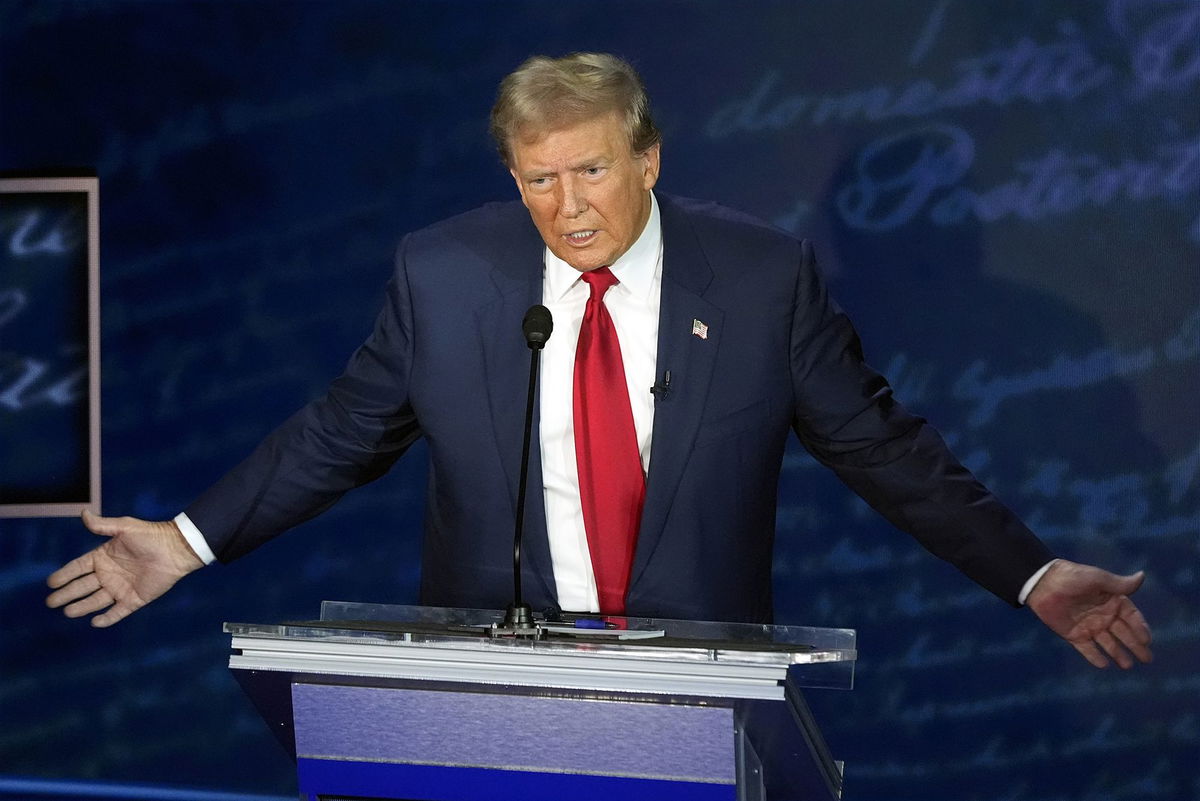 <i>Alex Brandon/AP via CNN Newsource</i><br/>Republican presidential nominee former President Donald Trump speaks during a presidential debate with Democratic presidential nominee Vice President Kamala Harris at the National Constitution Center