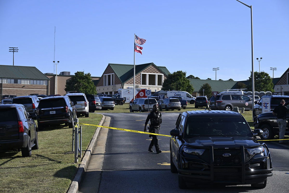 <i>Peter Zay/Anadolu/Getty Images via CNN Newsource</i><br/>Measures are taken by security forces on the scene of a mass shooting at Apalachee high school in Winder