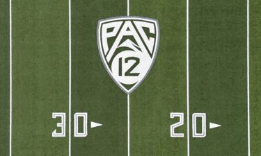 Pictured is the Pac-12 Conference logo on the Autzen Stadium football field at the University of Oregon.