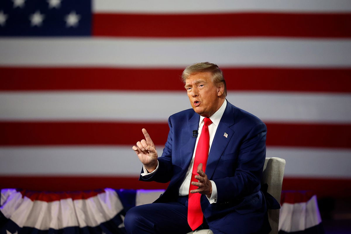 <i>Kevin Dietsch/Getty Images via CNN Newsource</i><br />Republican presidential nominee former President Donald Trump participates in a Fox News Town Hall with Sean Hannity at the New Holland Arena on September 4