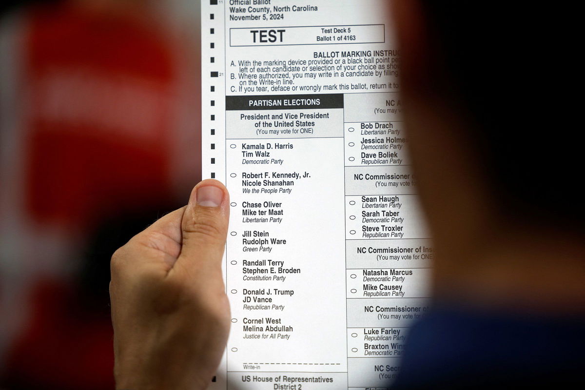 <i>Jonathan Drake/Reuters via CNN Newsource</i><br/>An election worker displays a test ballot listing the US presidential candidates at the Wake County Board of Elections headquarters in Raleigh