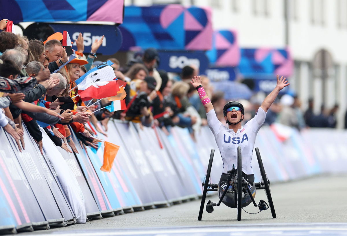 <i>Michael Steele/Getty Images via CNN Newsource</i><br/>Oksana Masters celebrates winning during the women's H5 road race at of the 2024 Paris Paralympic Games.