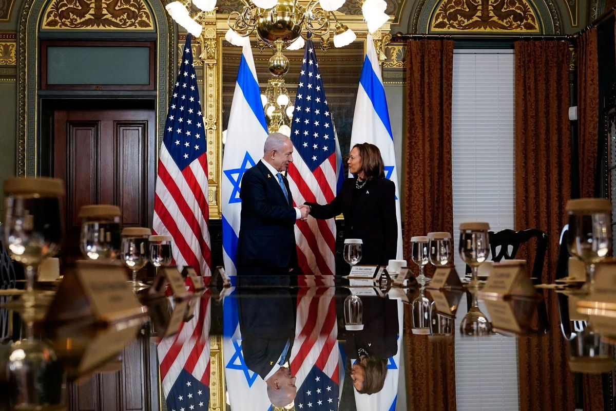 <i>Nathan Howard/Reuters via CNN Newsource</i><br/>U.S. Vice President Kamala Harris meets with Israeli Prime Minister Benjamin Netanyahu at the Eisenhower Executive Office Building on the White House grounds.