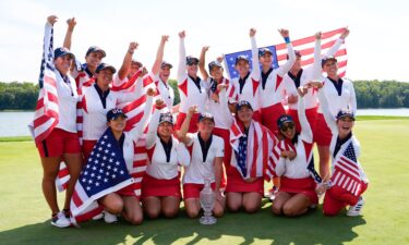 Lilia Vu of Team United States plays her shot from the fifth tee during the Sunday Singles matches during the final round of the Solheim Cup 2024 at Robert Trent Jones Golf Club on September 15