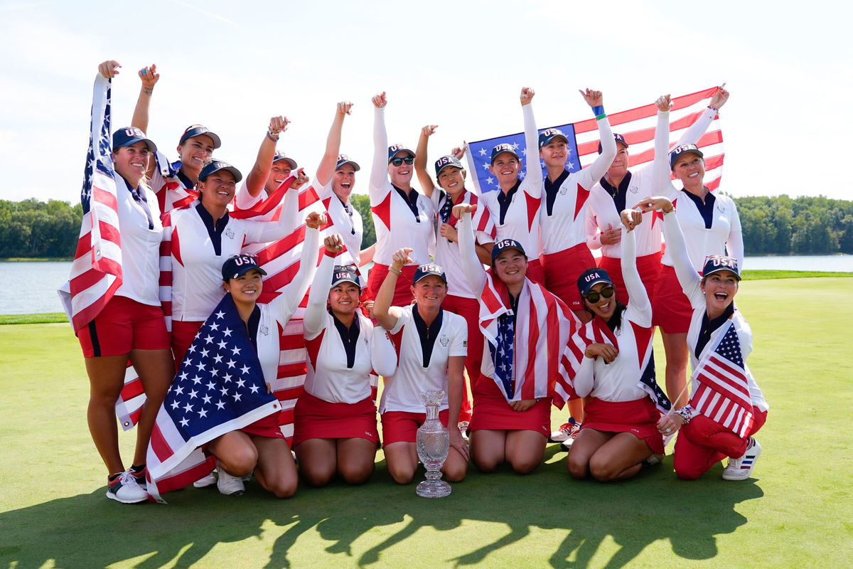 <i>Gregory Shamus/Getty Images via CNN Newsource</i><br/>Lilia Vu of Team United States plays her shot from the fifth tee during the Sunday Singles matches during the final round of the Solheim Cup 2024 at Robert Trent Jones Golf Club on September 15