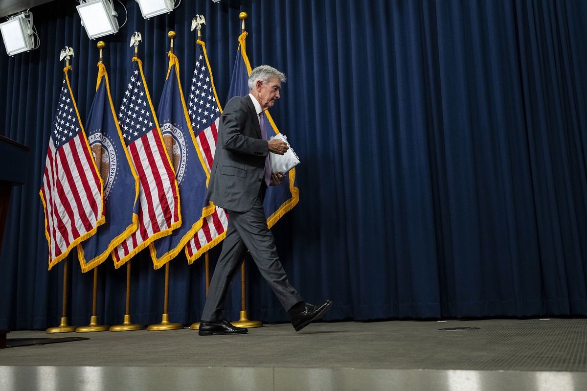 <i>Graeme Sloan/Sipa USA/AP via CNN Newsource</i><br/>Federal Reserve Chair Jerome Powell departs after a press conference at the Federal Reserve in Washington