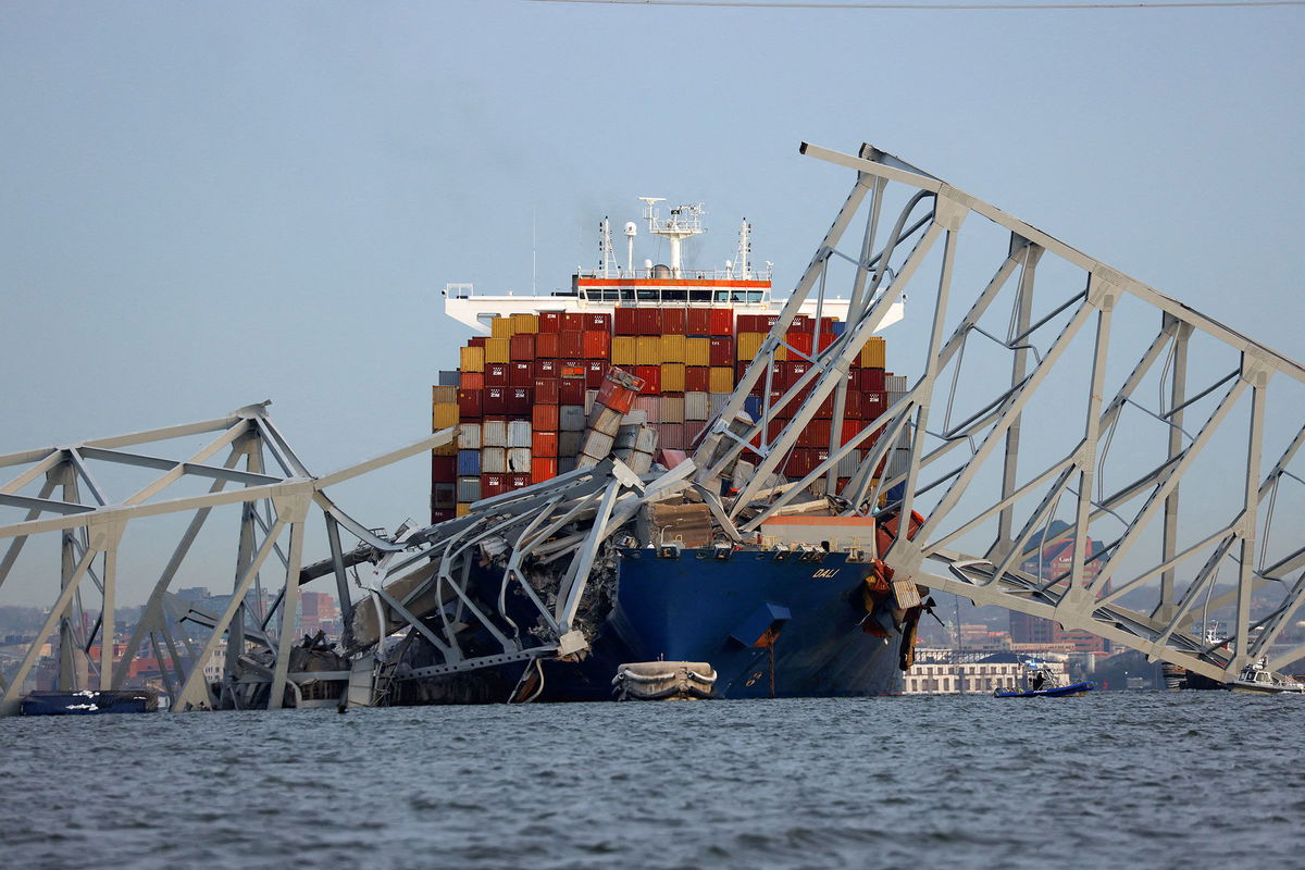 A view of the Dali cargo vessel, which crashed into the Francis Scott Key Bridge and caused it to collapse on March 26.