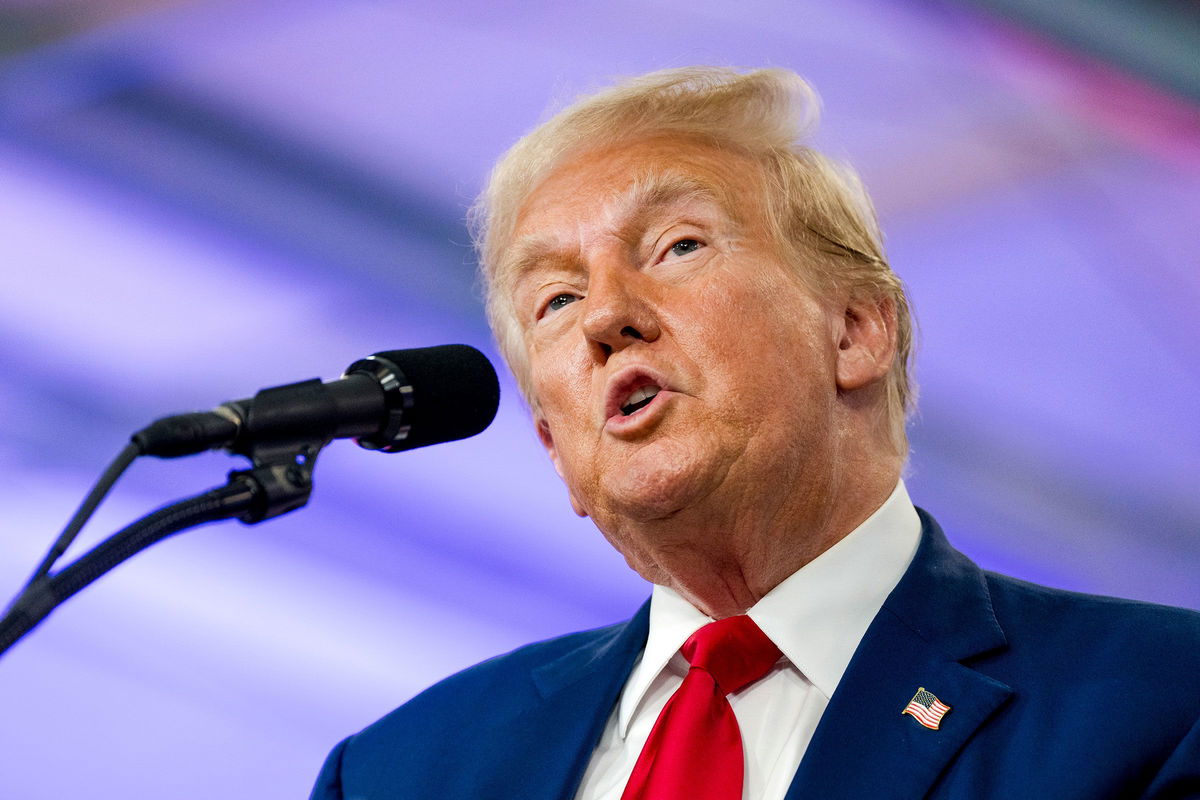 <i>Nic Antaya/Getty Images via CNN Newsource</i><br/>Former President Donald Trump speaks at a campaign event on August 20