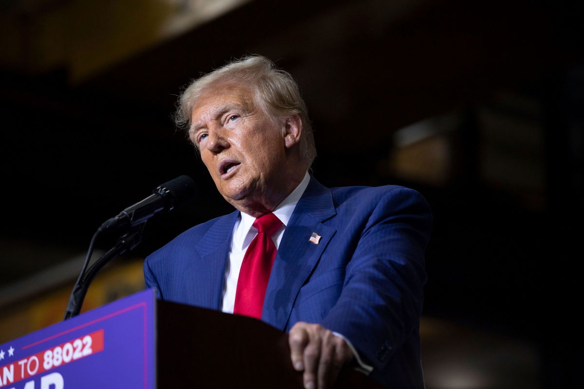 <i>Bill Pugliano/Getty Images via CNN Newsource</i><br/>Former President Donald Trump speaks at Alro Steel on August 29 in Potterville