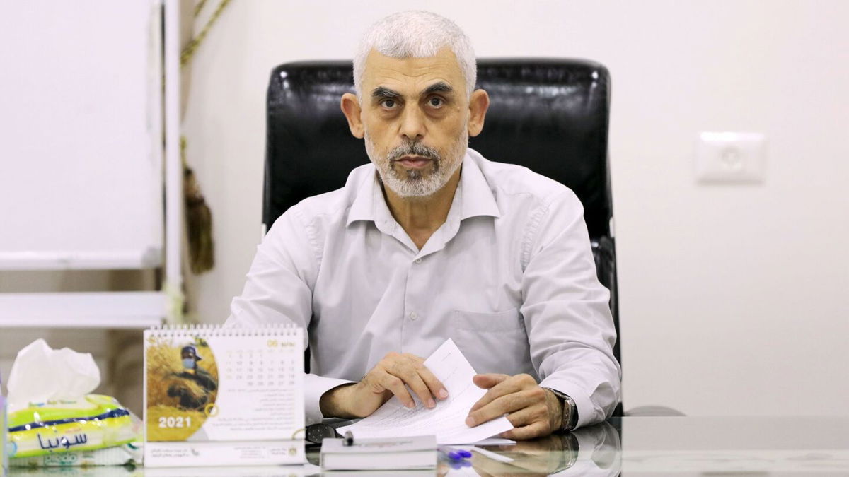 <i>Ashraf Amra/Anadolu Agency/Getty Images via CNN Newsource</i><br/>Hamas leader Yahya Sinwar attends a meeting with members of other Palestinian groups on June 22