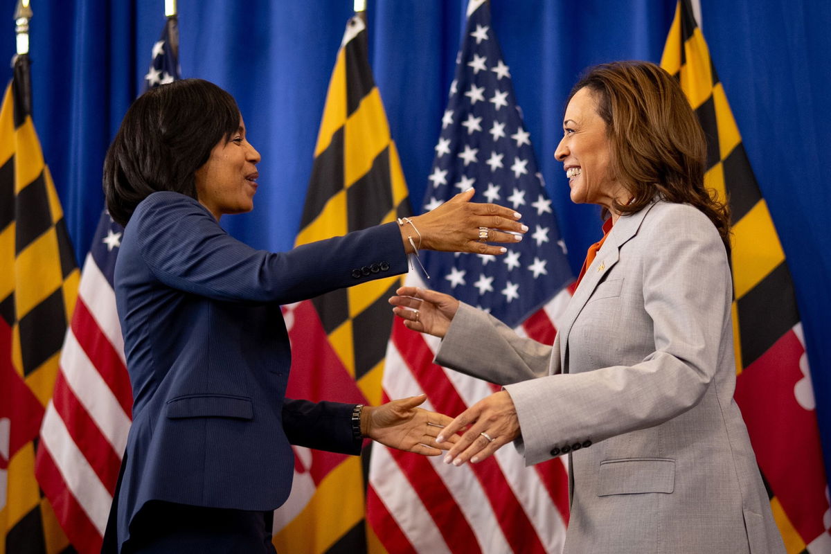 <i>Susan Walsh/AP via CNN Newsource</i><br/>Connecticut Rep. Jahana Hayes talks with Harris in New Haven on March 26