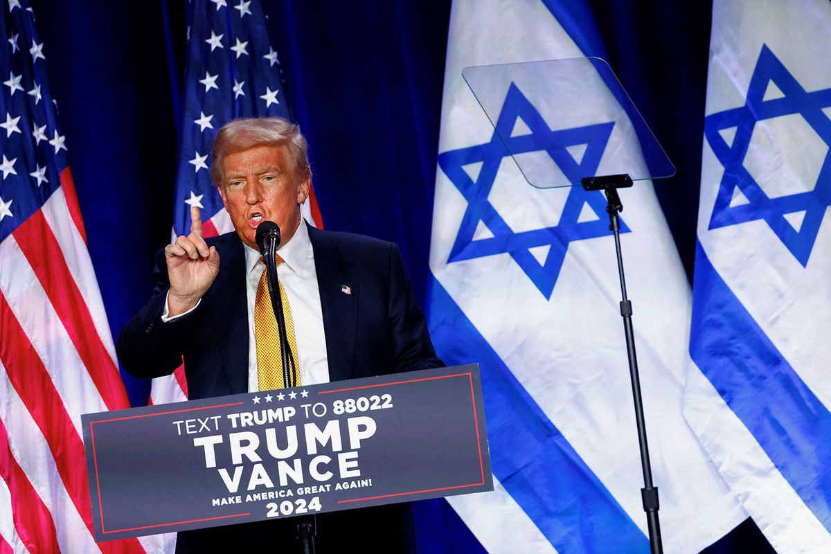 <i>Piroschka Van De Wouw/Reuters via CNN Newsource</i><br/>Former President Donald Trump speaks at an antisemitism awareness event in Washington