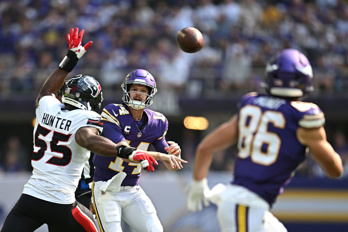 <i>Stephen Maturen/Getty Images via CNN Newsource</i><br/>Vikings quarterback Sam Darnold helped Minnesota beat the Houston Texans in Week 3.