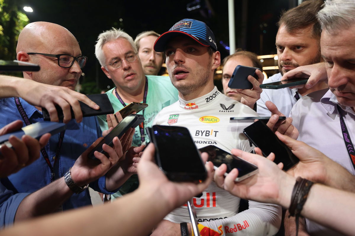 <i>Kym Illman/Getty Images via CNN Newsource</i><br/>Max Verstappen speaks to reporters after qualifying at the Singapore Grand Prix.