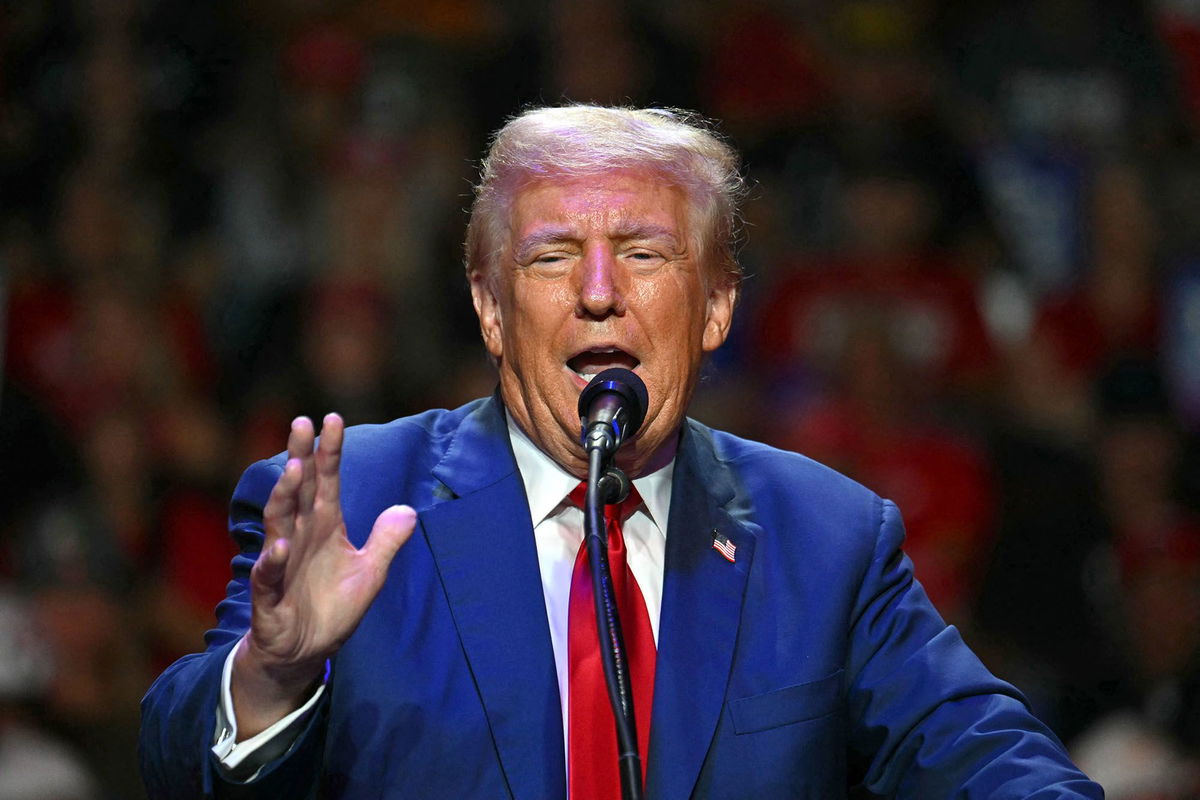 <i>Jim Watson/AFP/Getty Images via CNN Newsource</i><br/>Former US President and Republican presidential candidate Donald Trump speaks during a campaign rally at Ed Fry Arena in Indiana