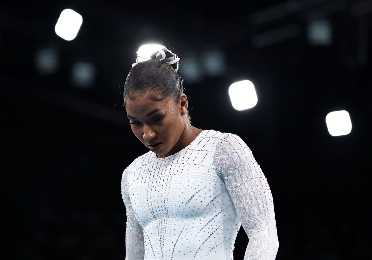 <i>Naomi Baker/Getty Images via CNN Newsource</i><br/>Jordan Chiles of Team USA looks on ahead of the apparatus floor final on day ten of the Olympic Games Paris 2024 at Bercy Arena on August 5 in Paris