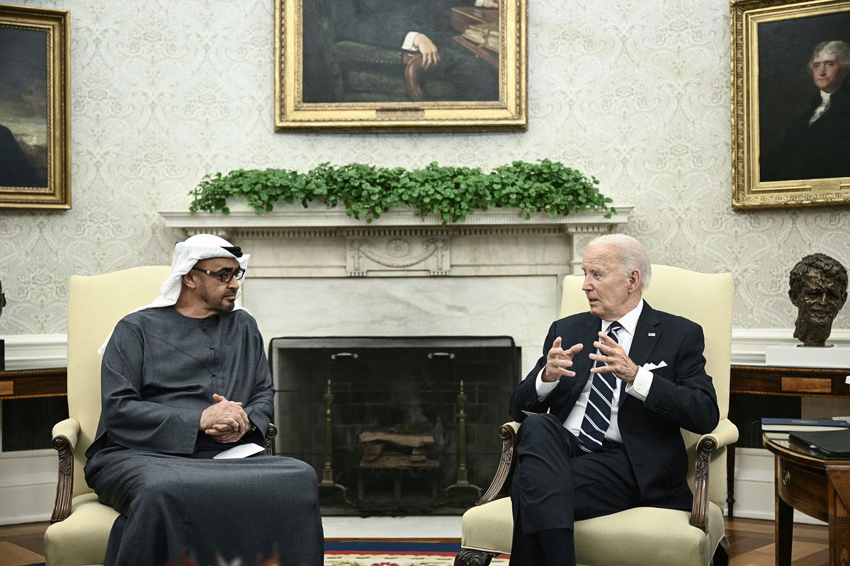 <i>Brendan Smialowski/AFP/Getty Images via CNN Newsource</i><br/>US President Joe Biden speaks during a meeting with President of the United Arab Emirates Sheikh Mohamed bin Zayed al-Nahyan in the Oval Office of the White House in Washington