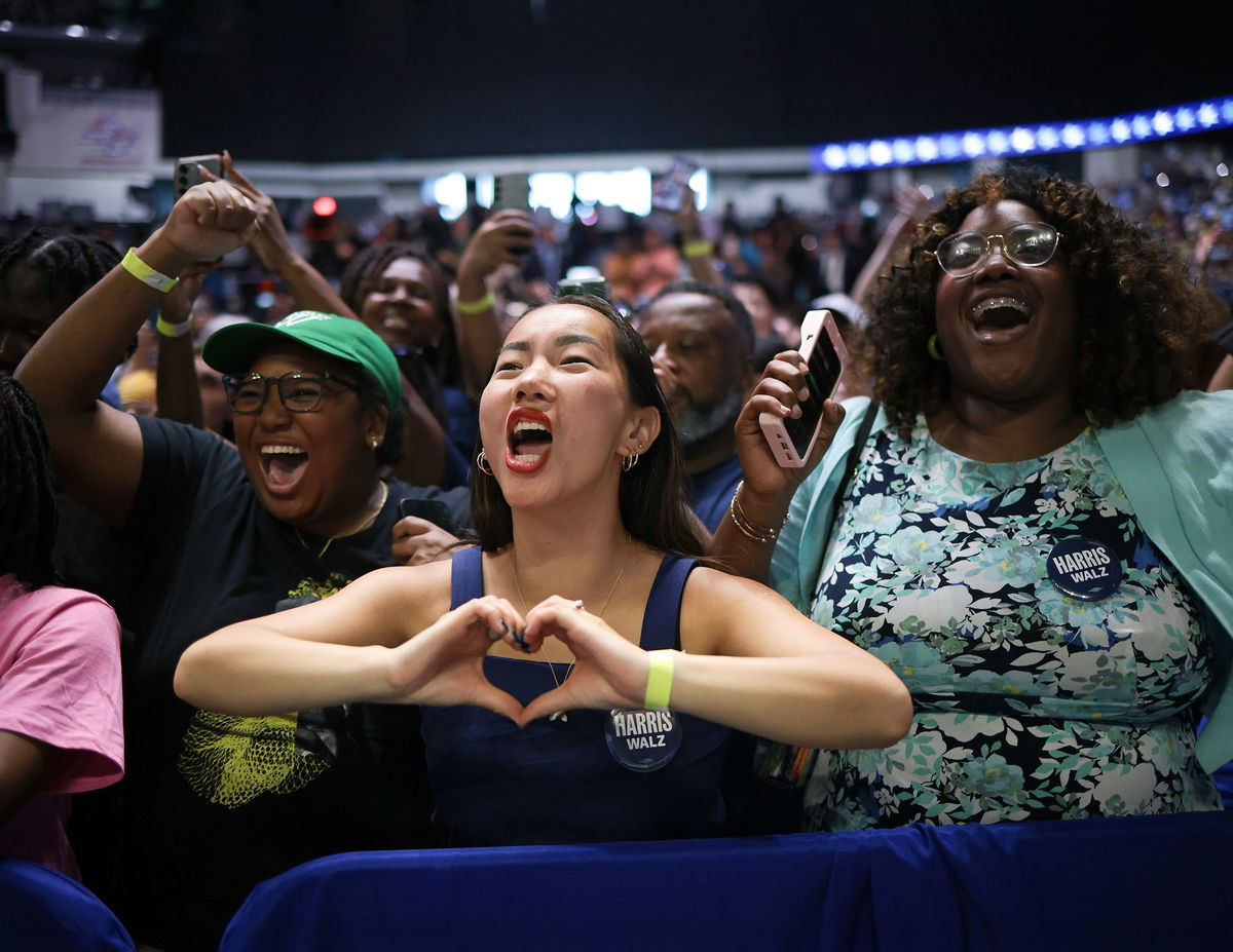 <i>Win McNamee/Getty Images via CNN Newsource</i><br/>Supporters react as Vice President Kamala Harris speaks at a campaign rally in Savannah