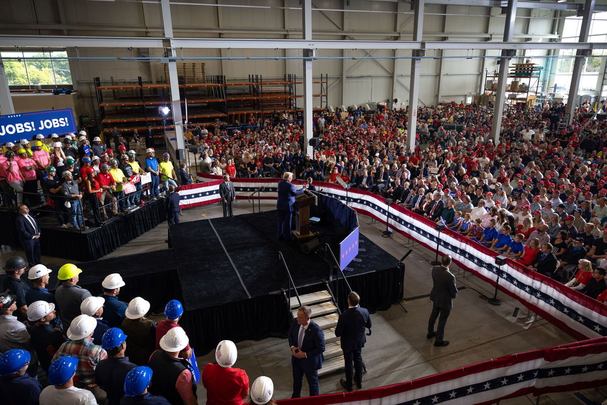 <i>Scott Olson/Getty Images via CNN Newsource</i><br/>Former President Donald Trump speaks at a campaign event in Walker