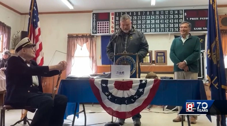 <i>WMTW via CNN Newsource</i><br/>A crowd filled the American Legion hall in Oxford Sunday for a community celebration marking local resident John Crumpton's 100th birthday.