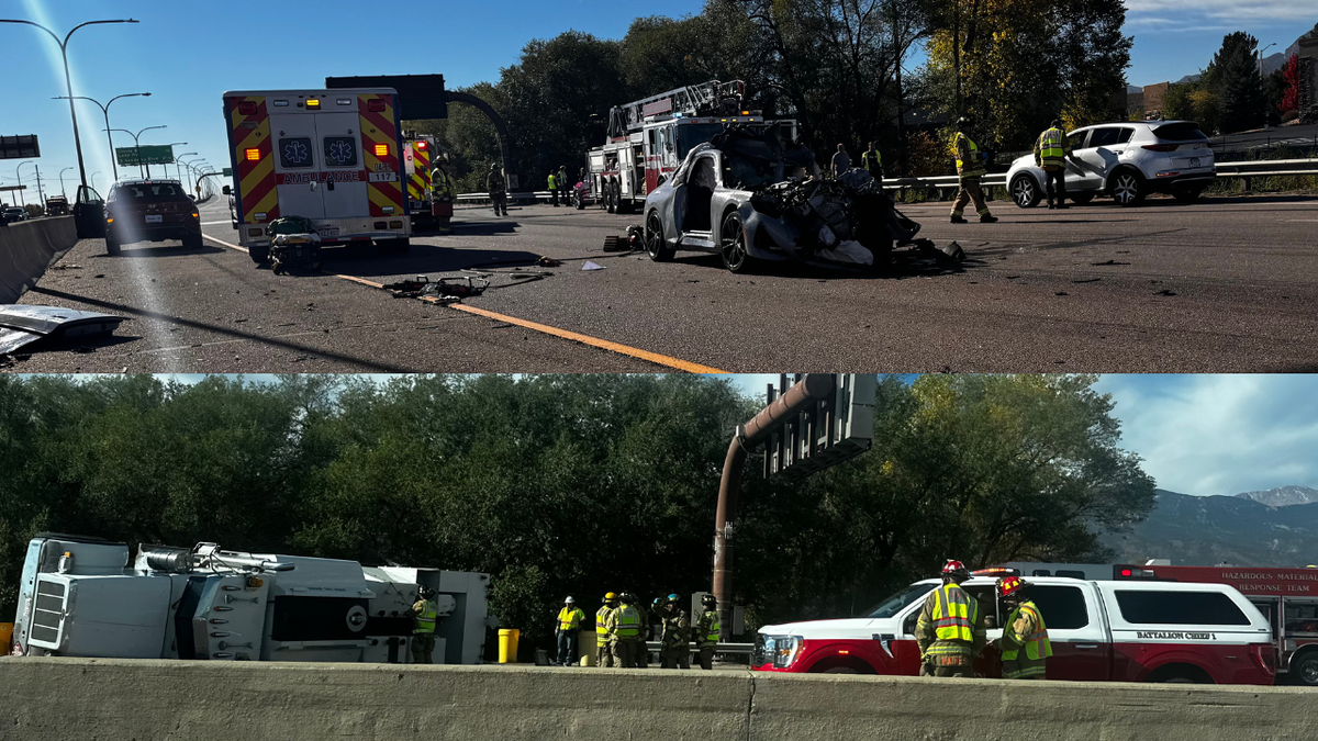 (TOP) Photo sent in by a viewer who says he witnessed the crash shows CSFD response, along with a damaged car. (BOTTOM) Photo shows an overturned semi-truck blocking the road on SB I-25, along with responding agencies. 