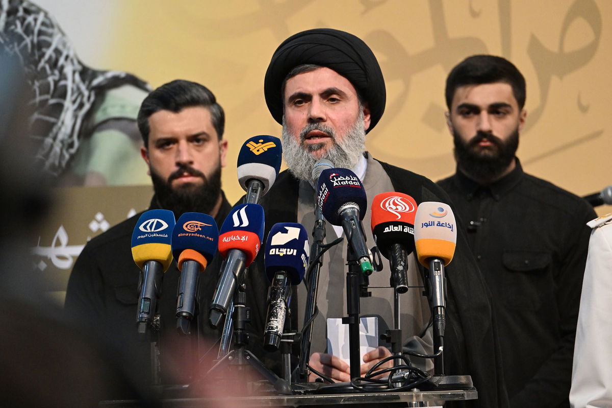 <i>Houssam Shbaro/Anadolu/Getty Images via CNN Newsource</i><br/>Hashem Safieddine speaks at a funeral earlier this year. The fate of a possible successor to Hezbollah leader Hassan Nasrallah is unclear following an Israeli airstrike on Beirut.