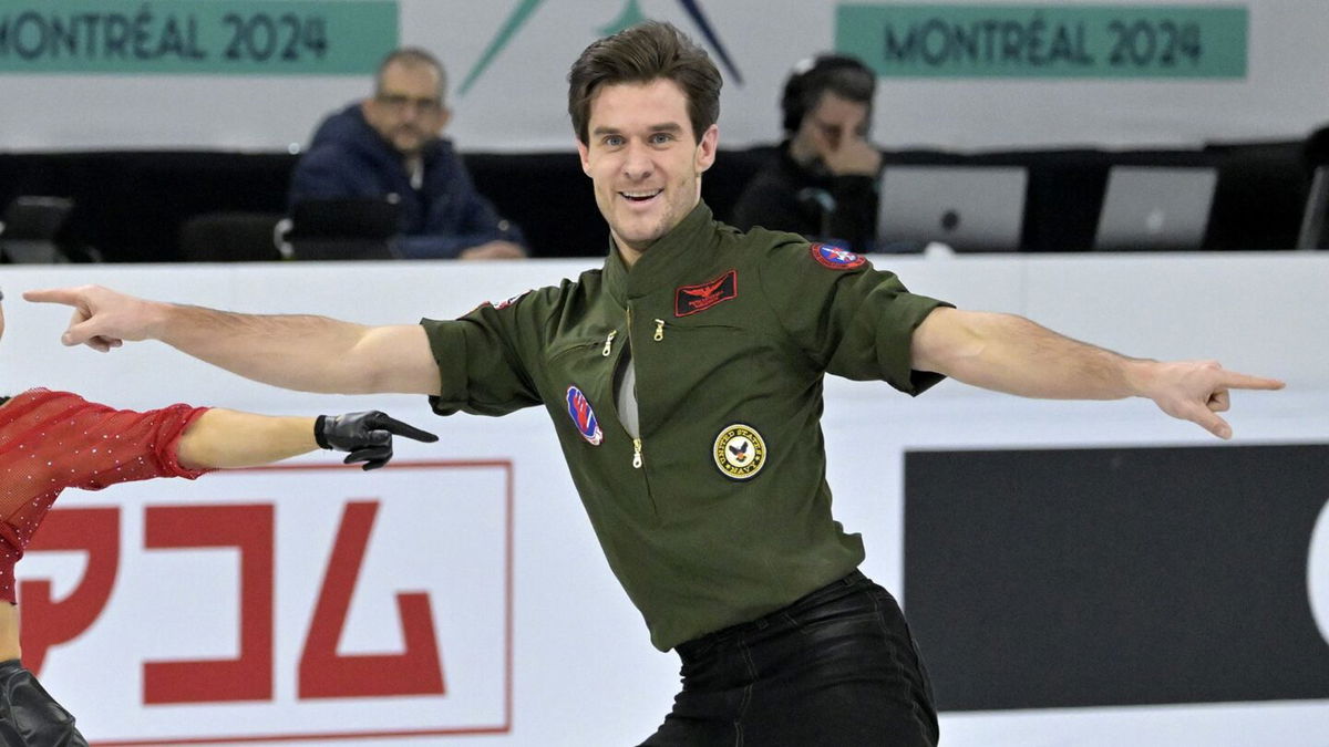 <i>Graham Hughes/The Canadian Press/AP via CNN Newsource</i><br/>Sørensen and Laurence Fournier Beaudry perform their free dance in the ice dance competition at the 2024 world championships.